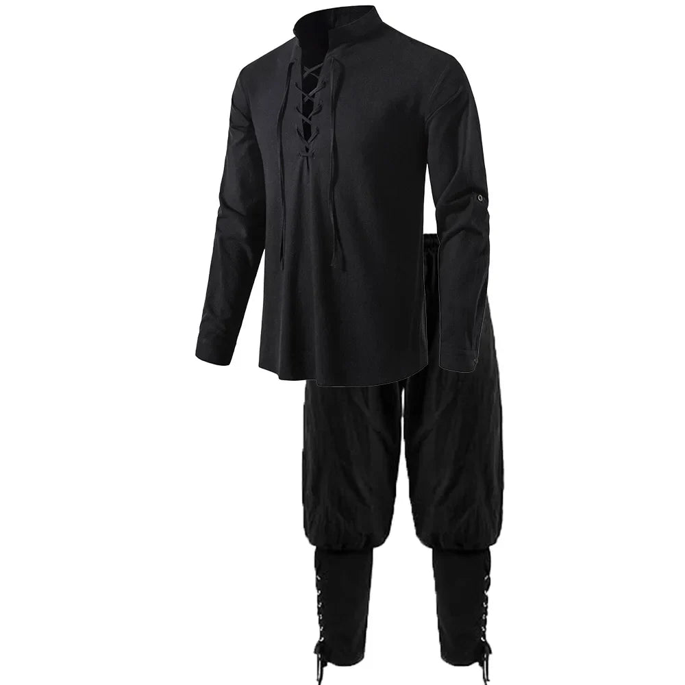 2Pcs Men's Medieval Knight Costume Set Renaissance Cosplay Pirate Shirts Ankle Banded Pants For Halloween Cotton Linen Fabric