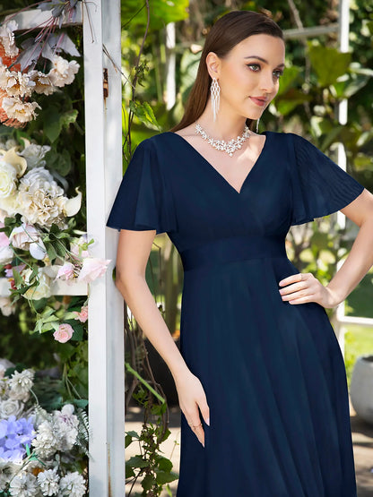 Empire Evening Dresses Cross V-Neck Tulle Short Sleeve Sashes Wedding Dress Sexy Backless Women's Formal Party Gowns