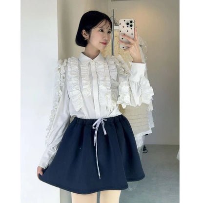 New Japanese Style Drawstring Casual Cute Girl Skirt 2025 Spring and Summer Sweet Ladies Elastic Waist Kawaii Short Skirt Women
