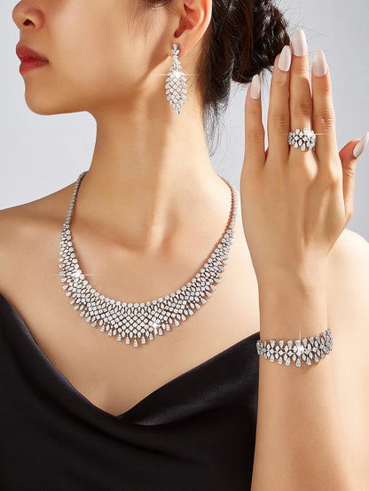 Luxury Brilliant Cubic Zirconia Bridal Jewelry Set Brides Accessories Tassel Water Drop Necklace Earring 4pcs Set for Wedding