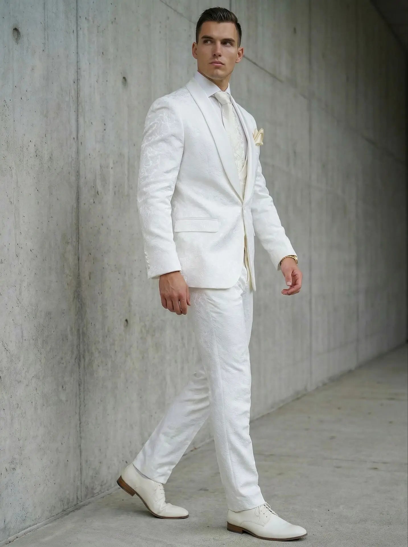 2026 Groomsmen White Pattern Groom Tuxedos Shawl Satin Lapel Men Suits 2 Pieces Wedding Bridegroom