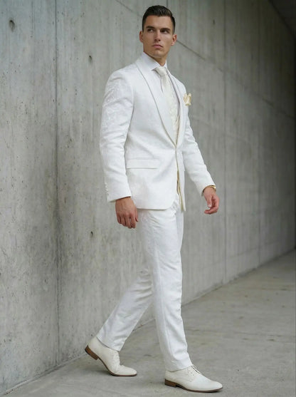 2026 Groomsmen White Pattern Groom Tuxedos Shawl Satin Lapel Men Suits 2 Pieces Wedding Bridegroom