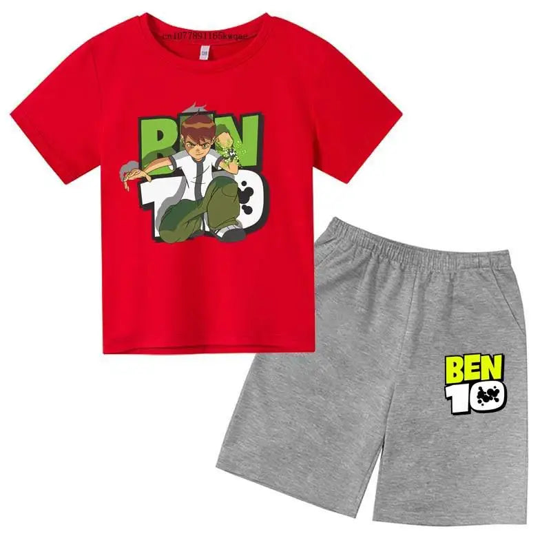 Kids Cartoon Ben Tennyson 10 Print Summer 2pcs Breathable Tees+Shorts Sports Suits 2-13Years Boys Girls Outfits Children Clothes
