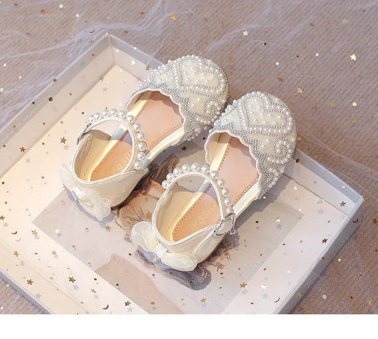 2025Summer Girls Sandals With Heel Fashion Rhinestone Shiny Glitter Shoes Children Princess Bowtie Pearl Dancing Shoes