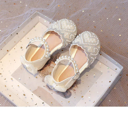 2025Summer Girls Sandals With Heel Fashion Rhinestone Shiny Glitter Shoes Children Princess Bowtie Pearl Dancing Shoes