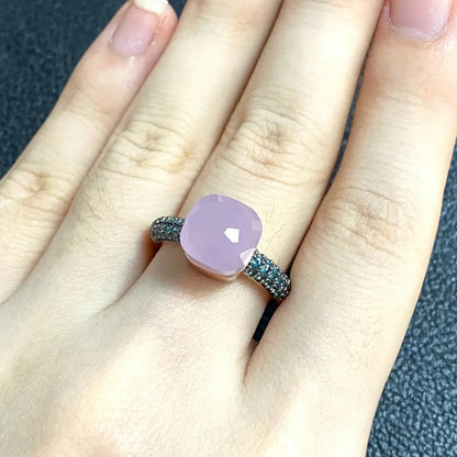 10.6mm Elegant Blue Topaz Zircon Ring Dual Tone Black Gun & Rose Gold 30 Colors Candy Crystal Jewelry Gift for Women