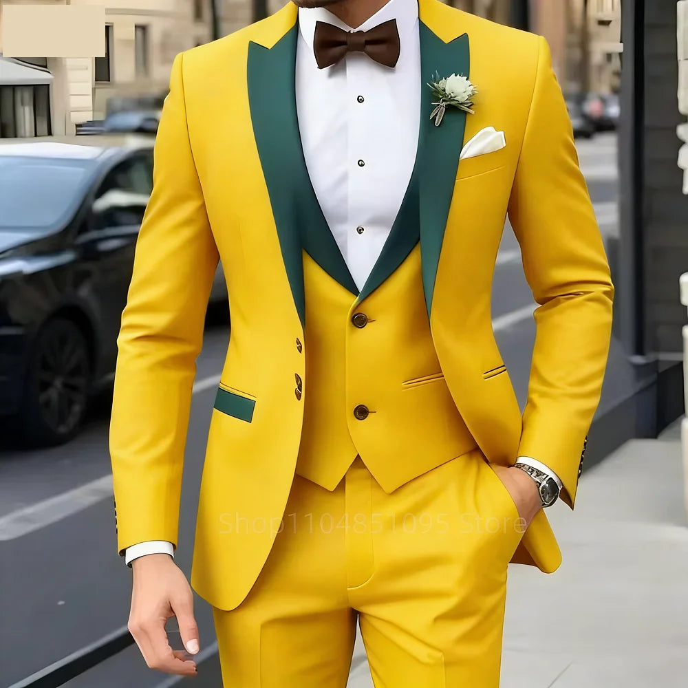 Brown Peak Lapel 3 Piece Men's Tuxedos Fashion Single Breasted Formal Men's Clothes Intelligent Casual Wedding Tuxedos