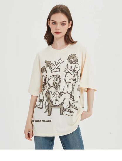 Harajuku Cartoon Girl Cat Japanese Kanji Graphic T Shirt Streetwear Men T-Shirt Summer Short Sleeve Tshirt Tops Tees Unisex