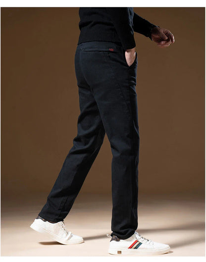 Korean Business Casual Fleece Men Pants Winter Thickened Straight Thermal Casual Pants Male Fashion Stretch Warm Velvet Trousers