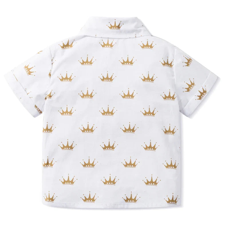 Summer Kids Boys Formal Outfit Suit Crown Printed Shirt with Bow Leather Belt Boy Birthday Party Clothes Set 1 2 3 4 5 6 Years