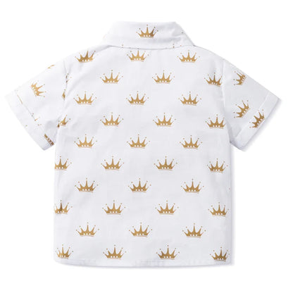 Summer Kids Boys Formal Outfit Suit Crown Printed Shirt with Bow Leather Belt Boy Birthday Party Clothes Set 1 2 3 4 5 6 Years