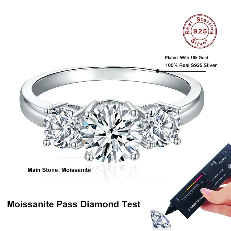 Full D Color Moissanite Ring 925 Sterling Silver Rings for Women 3-Stone Proposal Engagement Wedding Bands Party Jewelry