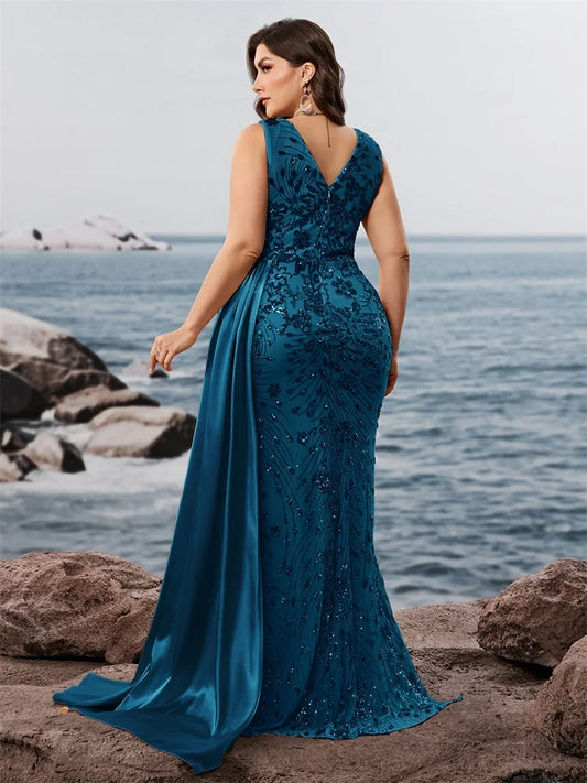 Plus Size Elegant V-neck Blue Splice Sequins Evening Dress Sleeveless Mermaid Formal Luxury Party Streamer Cocktail Gown