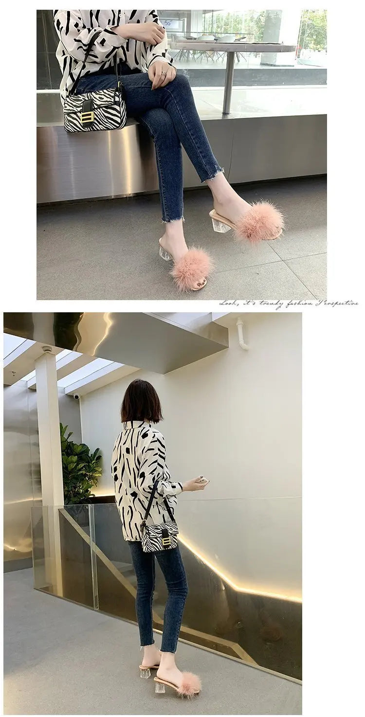 2023 Fluffy Peep Toe Sexy High Heels Women Shoes Fur Feather Lady Fashion Wedding Slip-On Pink Square Toe Women Sandals