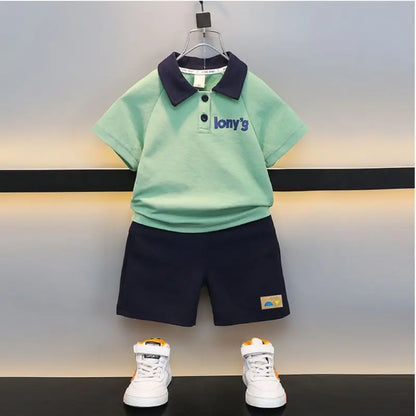 ‌Boys' 2026 New Summer Polo Shirt & Shorts 2-Piece Set Trendy Sporty Waffle Knit Outfit Cool Casual Toddler Kids Clothing
