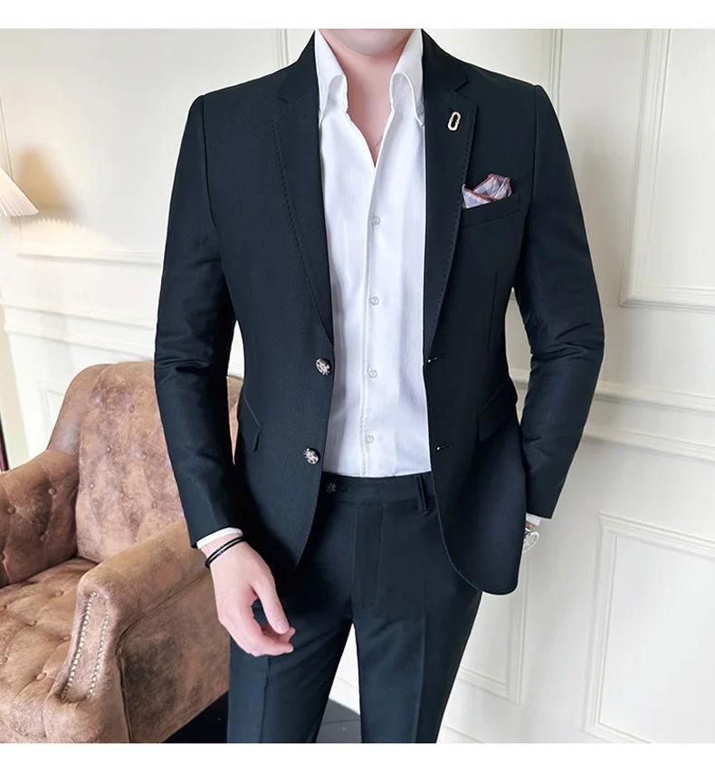 Men's Korean Style Slim Fit Suit Set, High Quality Fabric Solid Color Edge Pressing for Wedding Business