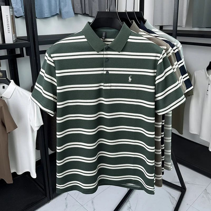 2026 New Men's Summer Short Sleeved Lapel Striped Polo Shirt, Business Casual Cool T-shirt