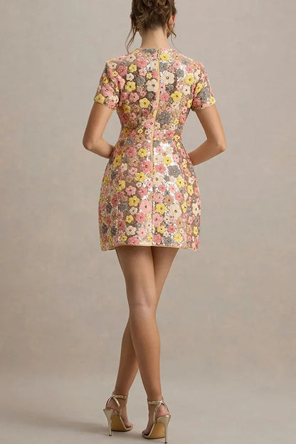 Spring Summer 2025 Women Elegant O Neck Short Sleeve Mini Dress Sequined Patchwork Casual Party Dress Sexy Ladies Slim Dresses