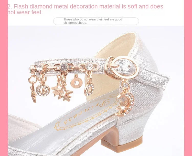 Fashion Kid Leather Shoe 2023 Summer Sequin Princess Shoe Crystal High Heel Sandals Kid Shoes Girl Dresses Mary Jane Girl Shoes