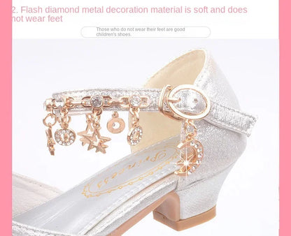 Fashion Kid Leather Shoe 2023 Summer Sequin Princess Shoe Crystal High Heel Sandals Kid Shoes Girl Dresses Mary Jane Girl Shoes