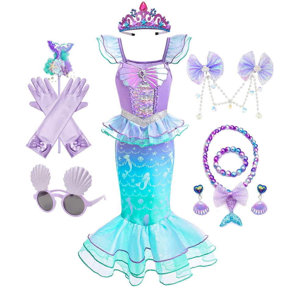 Ariel Cosplay Princess Costume Kids Cartoon Printed Dress Girls Halloween Children Carnival Birthday Party Clothes