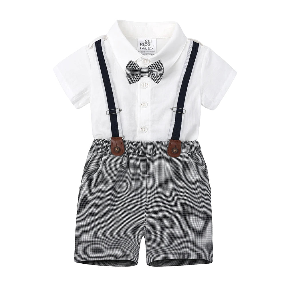 2026 Baby Boy Formal Birthday Outfit Suit Toddler Gentleman Clothes Infant Short Sleeve Bowtie Shirt+Suspender Pants Casual Sets