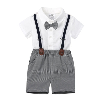2026 Baby Boy Formal Birthday Outfit Suit Toddler Gentleman Clothes Infant Short Sleeve Bowtie Shirt+Suspender Pants Casual Sets