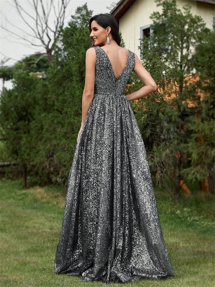Vestido de Noite Luxuoso com Decote em V e Tecido Brilhante Longo Elegante Feminino Sereia Festa Baile de Formatura 2025 Fenda Coquetel