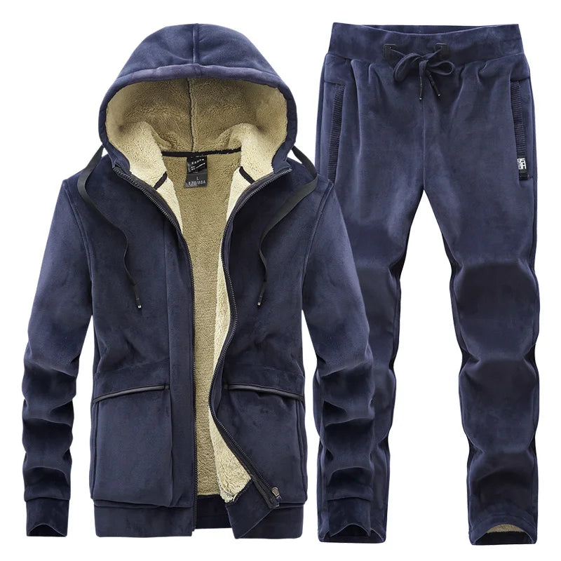 Mens Fleece Warm Tracksuit Male Winter Warm Hooded Fashion Sets Mens Hoodies + Pants Sportswear Sets WinterThick Set