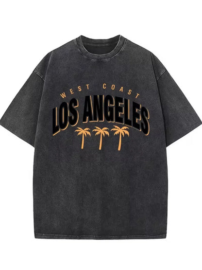 Vintage Washed Los Angeles Arch Letter Graphic T-Shirt, Retro USA City Casual Washed Black Crew Neck Short Sleeve Unisex Top