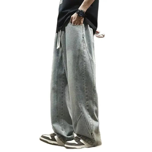 Teenage spring straight leg jeans for boys  loose straight leg casual curved knife pants student washed wide leg long pants