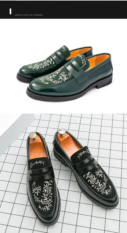 Green Embroidered Man Formal Shoes Autumn Men's Loafers Shoes High Quality Casual Leather Shoes for Men chaussure hommes cuir