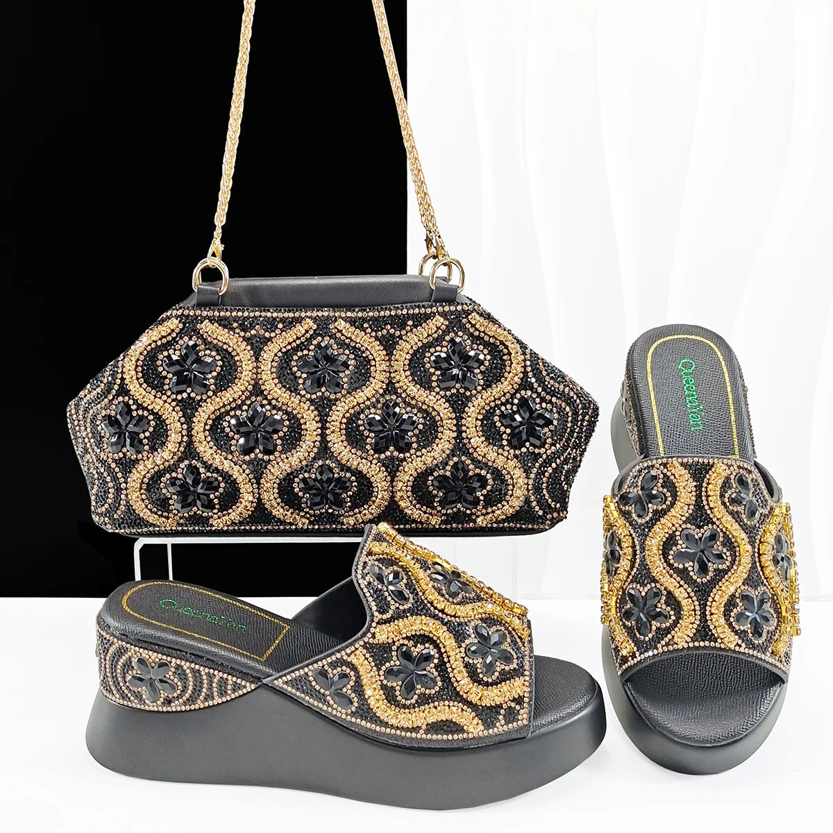 Popularity Open Toe Luxury Fashion Women High Heels Shoes and Bags Set With Rhinestone for Wedding Party Elegant