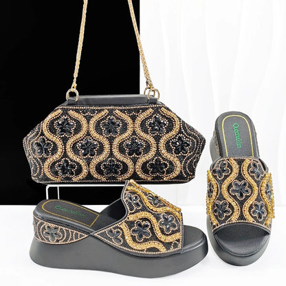 Popularity Open Toe Luxury Fashion Women High Heels Shoes and Bags Set With Rhinestone for Wedding Party Elegant