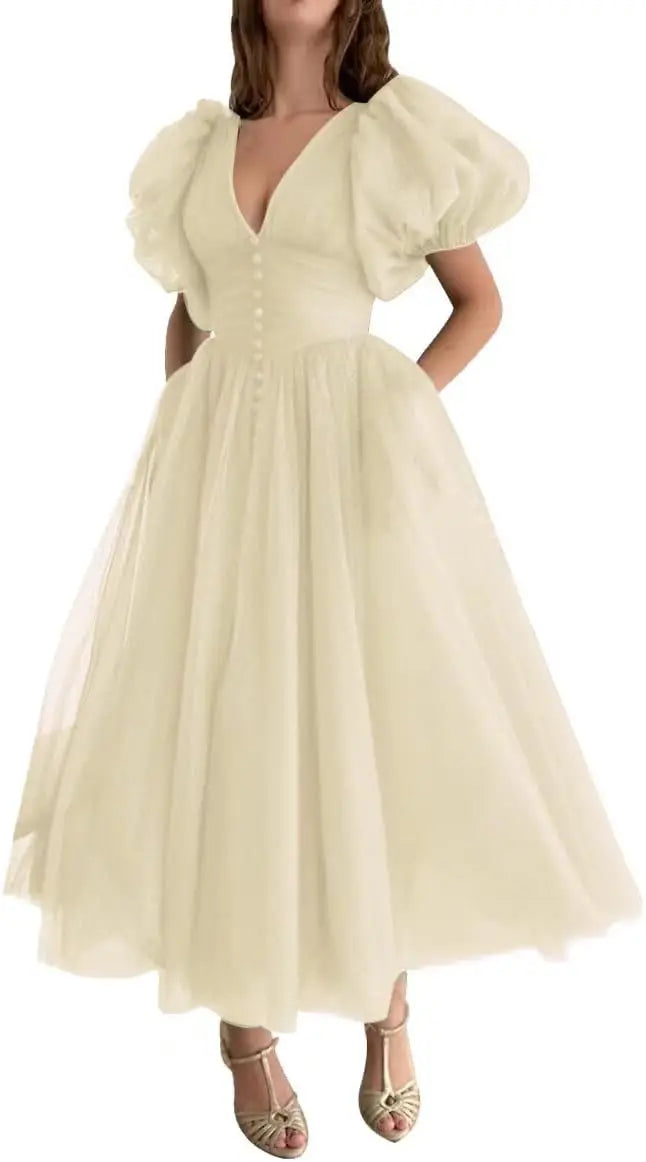 Puffy Sleeve Prom Dresses for Women Dotted Tulle V Neck Formal Evening Party Gowns Tea Length Formal Dress Women Elegant