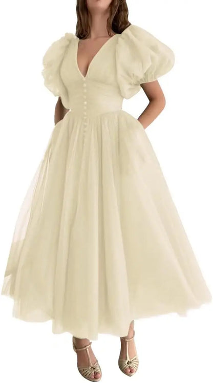 Puffy Sleeve Prom Dresses for Women Dotted Tulle V Neck Formal Evening Party Gowns Tea Length Formal Dress Women Elegant