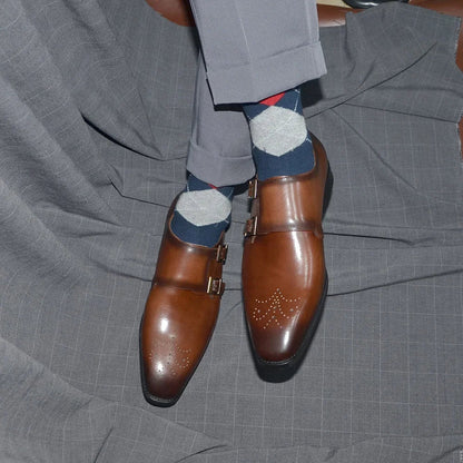 Italian Style Luxury Genuine Leather Monk Strap Men's Formal Shoes Double Buckles Brogue Pointy Toe Business Office Dress Shoes