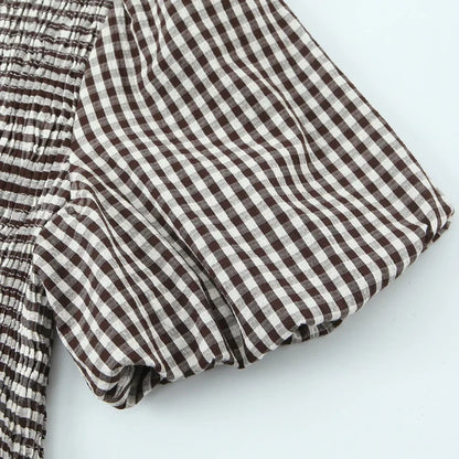 Spring Summer O-Neck Short Puff Sleeve Small Plaid Tops Women Back Button Decoration Tops Female Casual Wear 2026 New