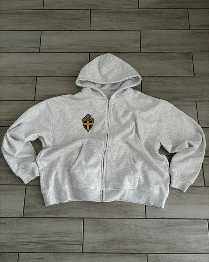 Y2K Zip Hooded Sweatpants Set Men Two Piece Hip Hop Embroidered Vintage Stripe Oversized Hooded Sweatshirt Casual Pants Set