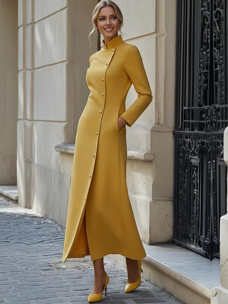Freeacy Women's Yellow Mandarin Collar Diagonal Long Sleeve Buttoned Maxi Dress for Wedding Guest 2026 Luxury Office Dress
