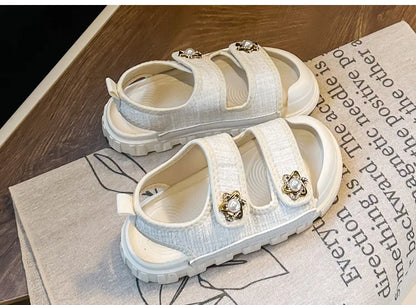 2025 Nice Straw Children Sandals New Arrivals Girls Appliques Metal Decos Sandals for Kids Girl Anti-kick Toe Beach Shoes I03242