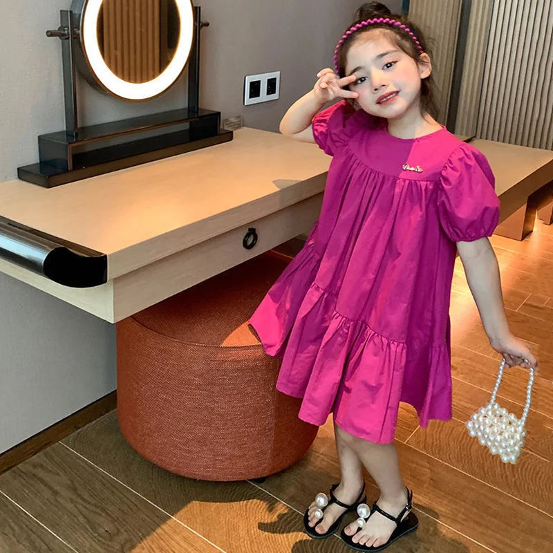 Girls Sweet Dress Summer Children Princess Gown Kids Spring Casual Short-sleeve Vestidos Kids Solid Color Loose Clothing 2-8Y