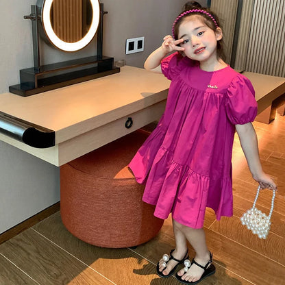 Girls Sweet Dress Summer Children Princess Gown Kids Spring Casual Short-sleeve Vestidos Kids Solid Color Loose Clothing 2-8Y