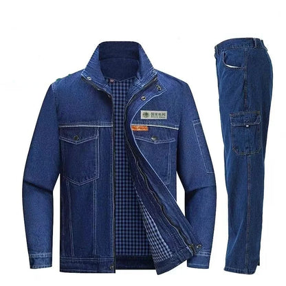 Men's Street Hip Hop Men's Loose Jeans Motorcycle Jacket Two Piece Set Harajuku Pattern Embroidered Jacket Jeans Set
