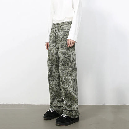 Tide Camouflage Jeans Men's Ins Loose Straight Wide Leg Casual Denim Pants Loose Male Trousers 12C2036