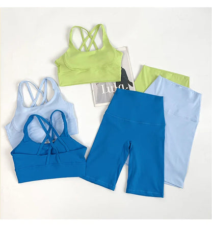 2 Pieces Yoga Shorts Gym Sports Sets Women Fitness Suits Cross Back Bra Top High Waist Shorts Running Workout Tracksuit👚👍️