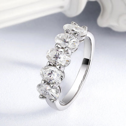 4*6mm Oval Cut Full Moissanite Ring for Women 5 Stone Lab Diamond Half Eternity Band Luxury Jewelry 925 Sterling Silver