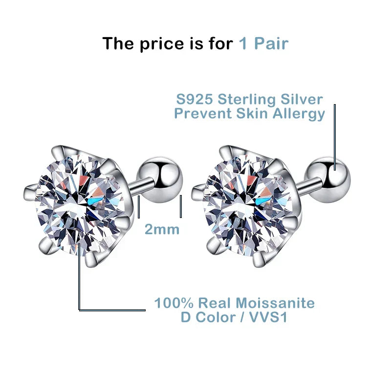 0.5-2ct Moissanite Screw Stud Earrings D Color 925 Sterling Silver Diamond Earrings For Women Wedding Fine Jewelry