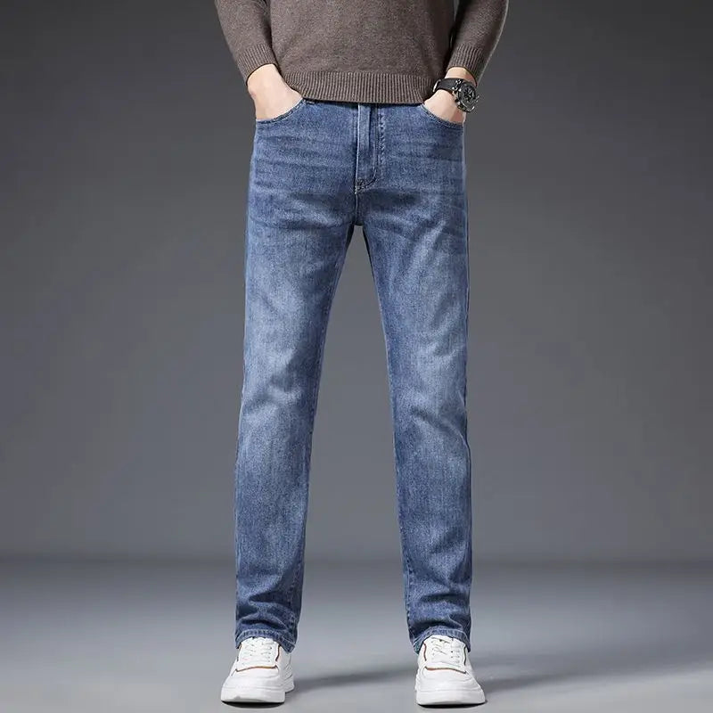 Calça Jeans Masculina Coreana Macia Elástica Slim Fit Negócios Casual Reta Jeans Clássica Marca Azul Lavado Cinza