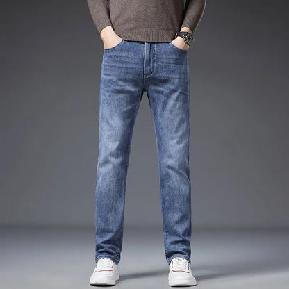 Calça Jeans Masculina Coreana Macia Elástica Slim Fit Negócios Casual Reta Jeans Clássica Marca Azul Lavado Cinza